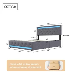 Lit rembourré 140x190 cm, LED, 4 tiroirs, USB, coffre en lin, sommier bois -Gris><noscript><img width=