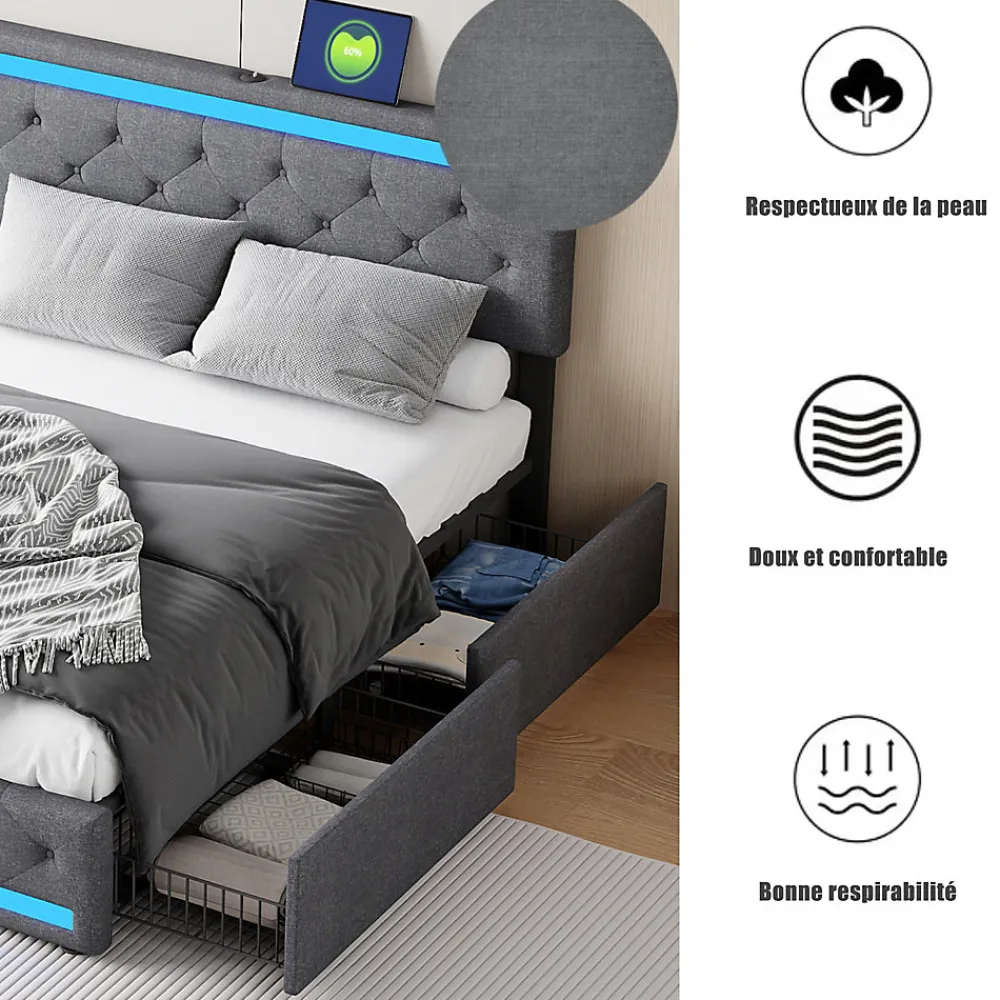 Lit rembourré 140x190 cm, LED, 4 tiroirs, USB, coffre en lin, sommier bois -Gris>Simple Life Discount