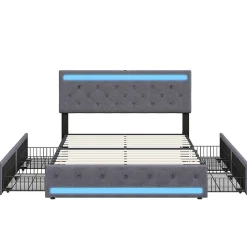Lit rembourré 140x190 cm, LED, 4 tiroirs, USB, coffre en lin, sommier bois -Gris><noscript><img width=