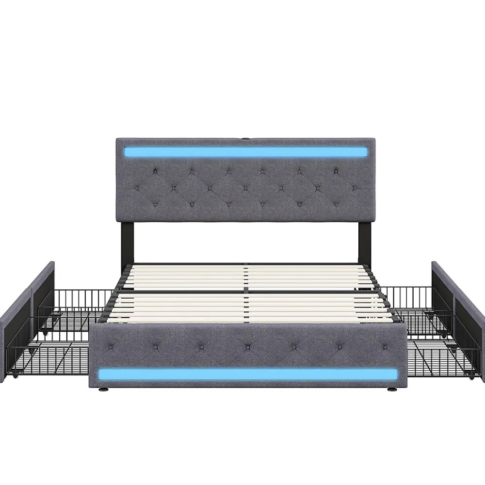 Lit rembourré 140x190 cm, LED, 4 tiroirs, USB, coffre en lin, sommier bois -Gris>Simple Life Discount