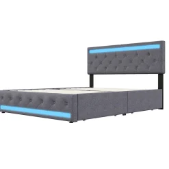 Lit rembourré 140x190 cm, LED, 4 tiroirs, USB, coffre en lin, sommier bois -Gris><noscript><img width=