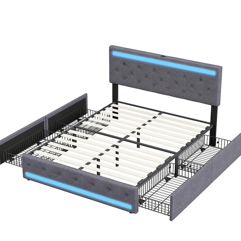 Lit rembourré 140x190 cm, LED, 4 tiroirs, USB, coffre en lin, sommier bois -Gris>Simple Life Discount