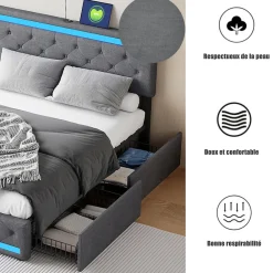 Lit rembourré 180x200 cm, LED, 4 tiroirs, USB, coffre en lin, sommier bois -Gris><noscript><img width=