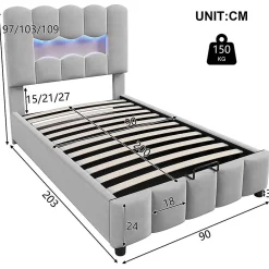 Lit rembourré 90x200 cm, LED, hydraulique, tête réglable, velours - gris><noscript><img width=