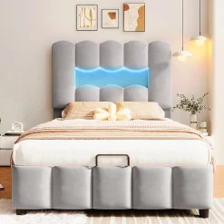 Lit rembourré 90x200 cm, LED, hydraulique, tête réglable, velours - gris><noscript><img width=