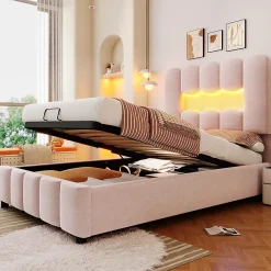 Blackcolors Lit rembourré 90x200 cm, LED, hydraulique, tête réglable, velours - rose* Lit Coffre