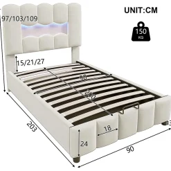 Blackcolors Lit rembourré 90x200 cm, LED, hydraulique, tête réglable, velours - beige* Lit Coffre