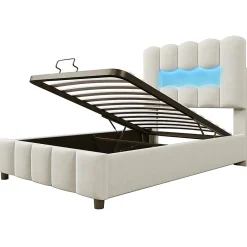 Blackcolors Lit rembourré 90x200 cm, LED, hydraulique, tête réglable, velours - beige* Lit Coffre