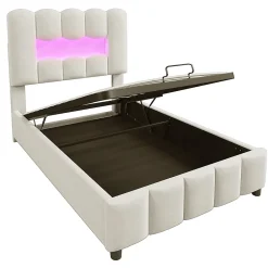Blackcolors Lit rembourré 90x200 cm, LED, hydraulique, tête réglable, velours - beige* Lit Coffre