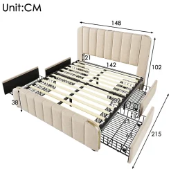 Gutent lit rembourré 140x200 cm lit 4 tiroirs lit fonction de charge usb type-c lit bandes décoratives dorées lit double lin beige* Lit Avec Rangement