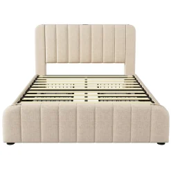 Gutent lit rembourré 140x200 cm lit 4 tiroirs lit fonction de charge usb type-c lit bandes décoratives dorées lit double lin beige* Lit Avec Rangement
