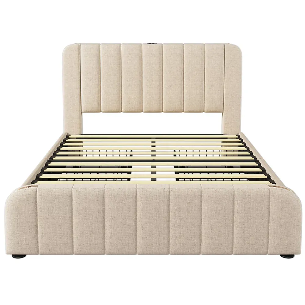 Gutent lit rembourré 140x200 cm lit 4 tiroirs lit fonction de charge usb type-c lit bandes décoratives dorées lit double lin beige* Lit Avec Rangement