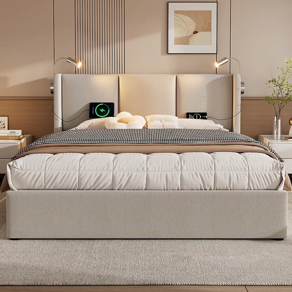 Gutent Lit rembourré 140x200 cm, lit avec rangement, lit double avec sommier à lattes et lampe de lecture, lin, beige, sans matelas* Lit Avec Rangement