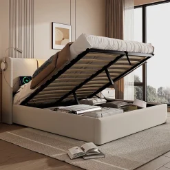 Gutent Lit rembourré 140x200 cm, lit avec rangement, lit double avec sommier à lattes et lampe de lecture, lin, beige, sans matelas* Lit Avec Rangement