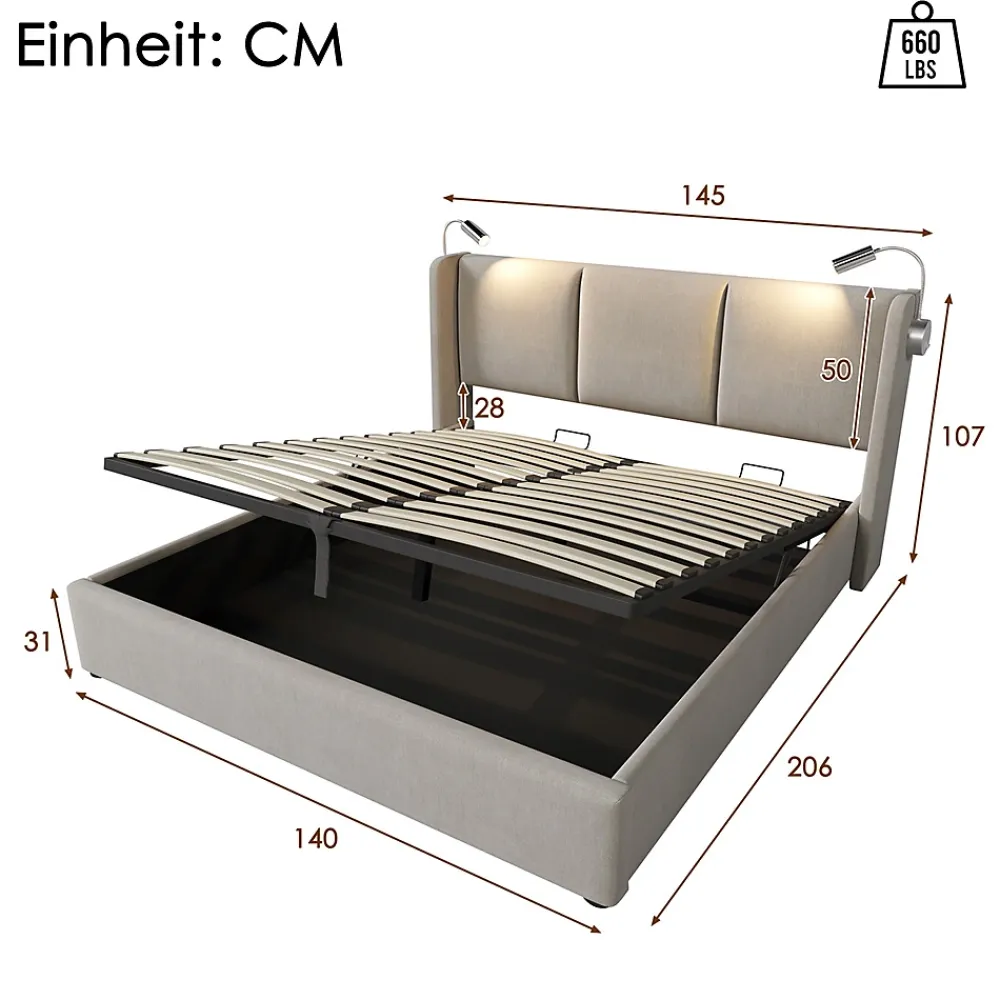 Gutent Lit rembourré 140x200 cm, lit avec rangement, lit double avec sommier à lattes et lampe de lecture, lin, beige, sans matelas* Lit Avec Rangement