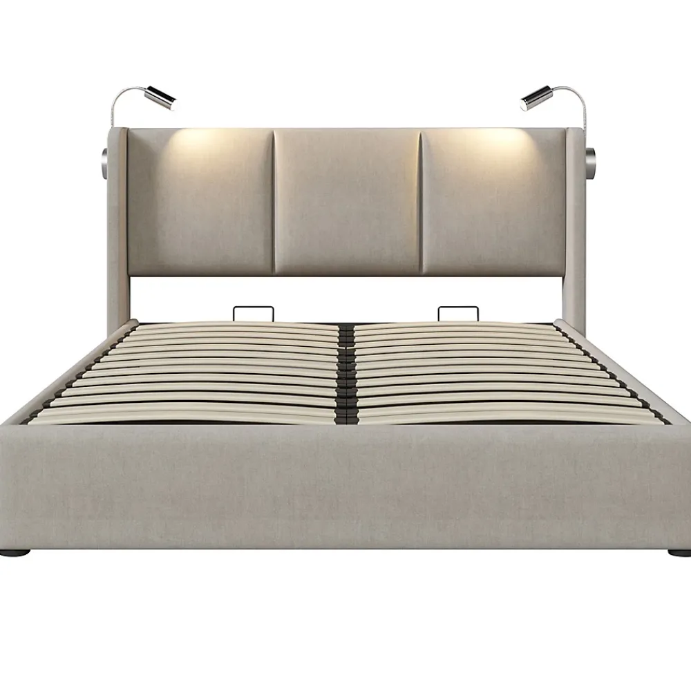 Gutent Lit rembourré 140x200 cm, lit avec rangement, lit double avec sommier à lattes et lampe de lecture, lin, beige, sans matelas* Lit Avec Rangement