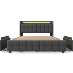 Gutent Lit rembourré 180x200 cm lit de rangement lit 4 tiroirs lit éclairage led lit sommier à lattes en bois lit double lin gris* Lit Avec Rangement