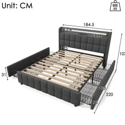 Gutent Lit rembourré 180x200 cm lit de rangement lit 4 tiroirs lit éclairage led lit sommier à lattes en bois lit double lin gris* Lit Avec Rangement
