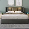 Gutent Lit rembourré 140x200 cm lit de rangement lit lampe de lecture lit tête de lit avec fonction de chargement usb lit double pu gris* Lit Avec Rangement