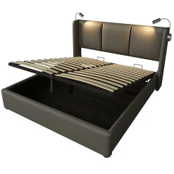 Gutent Lit rembourré 140x200 cm lit de rangement lit lampe de lecture lit tête de lit avec fonction de chargement usb lit double pu gris* Lit Avec Rangement