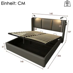 Gutent Lit rembourré 140x200 cm lit de rangement lit lampe de lecture lit tête de lit avec fonction de chargement usb lit double pu gris* Lit Avec Rangement