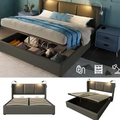 Gutent Lit rembourré 140x200 cm lit de rangement lit lampe de lecture lit tête de lit avec fonction de chargement usb lit double pu gris* Lit Avec Rangement