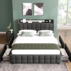 Gutent Lit rembourré 160x200 cm lit de rangement lit 4 tiroirs lit éclairage led lit sommier à lattes en bois lit double lin gris* Lit Avec Rangement