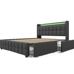 Gutent Lit rembourré 160x200 cm lit de rangement lit 4 tiroirs lit éclairage led lit sommier à lattes en bois lit double lin gris* Lit Avec Rangement