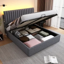lit rembourré 160x200 cm lit de rangement avec fonction de recharge usb type c lit sommier à lattes en bois lit double lin gris><noscript><img width=