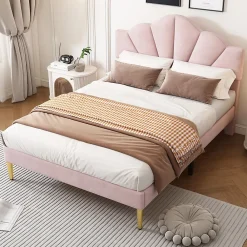 Gutent Lit rembourré 140x190 cm lit double avec sommier à lattes - tête de lit réglable - tissu en velours - rose* Lit Double