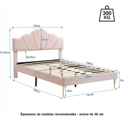 Gutent Lit rembourré 140x190 cm lit double avec sommier à lattes - tête de lit réglable - tissu en velours - rose* Lit Double