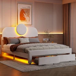 Simple Life Lit Rembourré 140x200 cm, lit double avec éclairage LED et 2 tiroirs, pour adultes et adolescents* Lit Coffre