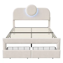 Simple Life Lit Rembourré 140x200 cm, lit double avec éclairage LED et 2 tiroirs, pour adultes et adolescents* Lit Coffre