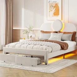 Simple Life Lit Rembourré 140x200 cm, lit double avec éclairage LED et 2 tiroirs, pour adultes et adolescents* Lit Coffre