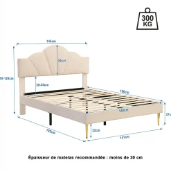 Gutent Lit rembourré 140x190 cm lit double avec sommier à lattes - tête de lit réglable - tissu en velours - beige* Lit Double