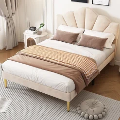 Gutent Lit rembourré 140x190 cm lit double avec sommier à lattes - tête de lit réglable - tissu en velours - beige* Lit Double