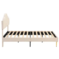 Gutent Lit rembourré 140x190 cm lit double avec sommier à lattes - tête de lit réglable - tissu en velours - beige* Lit Double