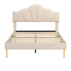 Gutent Lit rembourré 140x190 cm lit double avec sommier à lattes - tête de lit réglable - tissu en velours - beige* Lit Double