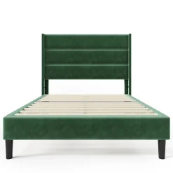 Gutent Lit rembourré 90x200 cm, lit double avec sommier à lattes et tête de lit, lit d'enfant, velours, vert foncé* Lit Double