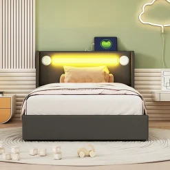 Gutent Lit rembourré 90x200 cm lit sommier à lattes lit barre lumineuse à led lecteur bluetooth et recharge usb Single cuir pu noir* Lit Simple