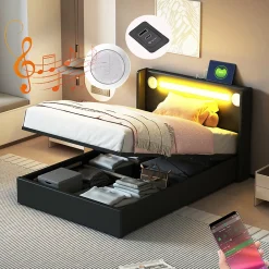 Gutent Lit rembourré 90x200 cm lit sommier à lattes lit barre lumineuse à led lecteur bluetooth et recharge usb Single cuir pu noir* Lit Simple