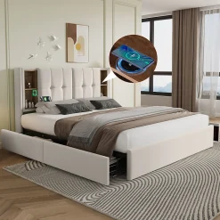 Lit rembourré 160x200 cm lit sommier à lattes en bois lit chargement sans fil usb c lit 4 tiroirs lit double velours beige>Gutent Outlet