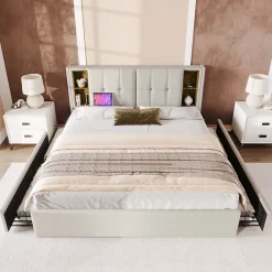 Lit rembourré 160x200 cm lit sommier à lattes en bois lit chargement sans fil usb c lit 4 tiroirs lit double velours beige>Gutent Outlet