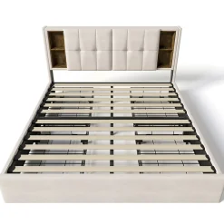 Lit rembourré 160x200 cm lit sommier à lattes en bois lit chargement sans fil usb c lit 4 tiroirs lit double velours beige><noscript><img width=