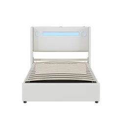 Lit rembourré 90x200 cm lit sommier à lattes lit barre lumineuse à led lecteur bluetooth et recharge usb Single cuir pu blanc>Gutent Online