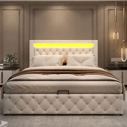 Blackcolors Lit Rembourré 140X200 Cm Sommier Rangement LED Blanc PU* Lit Avec Rangement