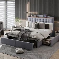 Gutent Lit rembourré 140x200 cm, table de nuit avec port de chargement USB et étagère, lit double plat avec 4 tiroirs, gris* Lit Avec Rangement