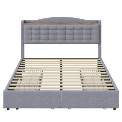 Gutent Lit rembourré 140x200 cm, table de nuit avec port de chargement USB et étagère, lit double plat avec 4 tiroirs, gris* Lit Avec Rangement
