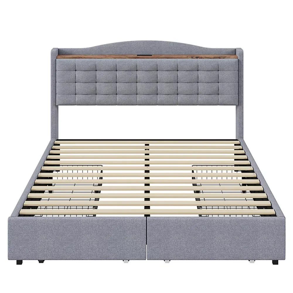 Gutent Lit rembourré 140x200 cm, table de nuit avec port de chargement USB et étagère, lit double plat avec 4 tiroirs, gris* Lit Avec Rangement