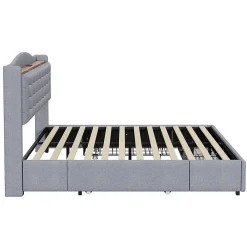 Gutent Lit rembourré 140x200 cm, table de nuit avec port de chargement USB et étagère, lit double plat avec 4 tiroirs, gris* Lit Avec Rangement
